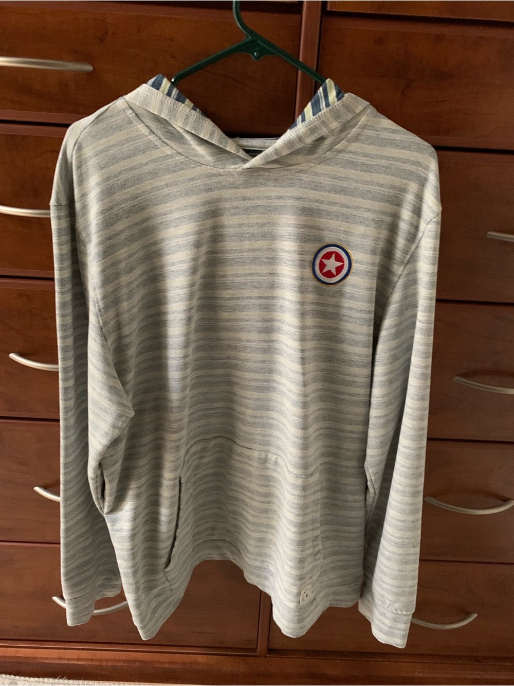 Linksoul Light Blue and White Striped Hoodie with Red Star Patch on Chest.